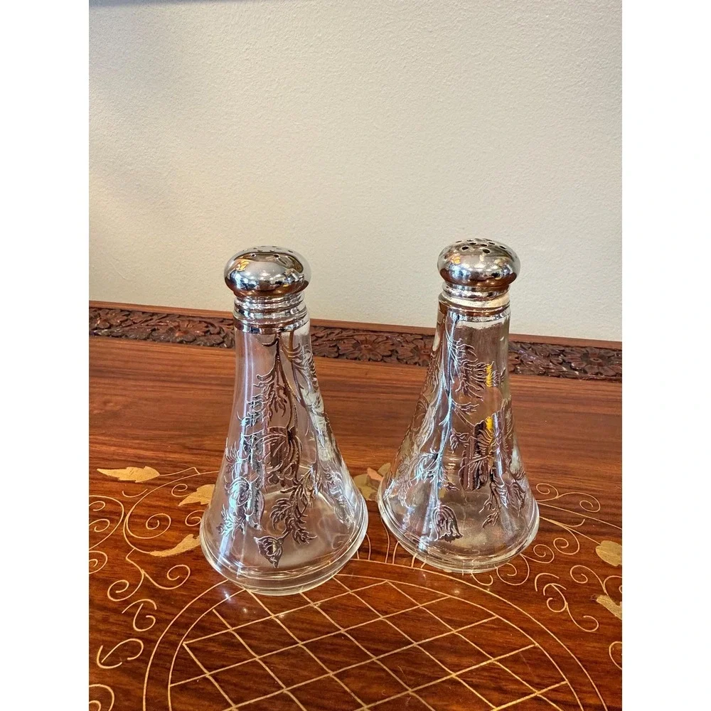 Vintage Silver Overlay Salt‎ & Pepper Shakers, Floral Glass Set